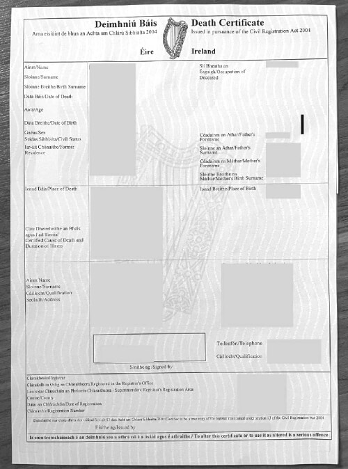 Irish Death Certificate example